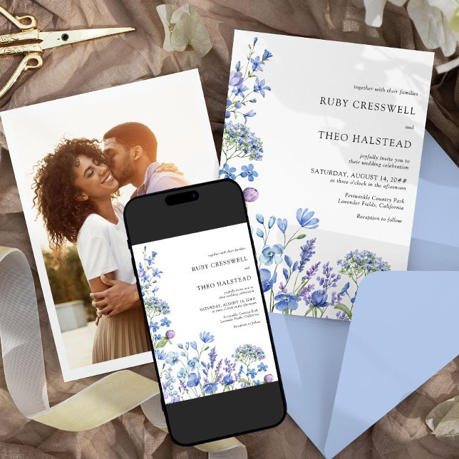 Invitación Boda de flores silvestres Lilac Periwinkle Foto Fl (Photo Wedding Invitation from my Lilac + Periwinkle Wildflower Wedding Collection)