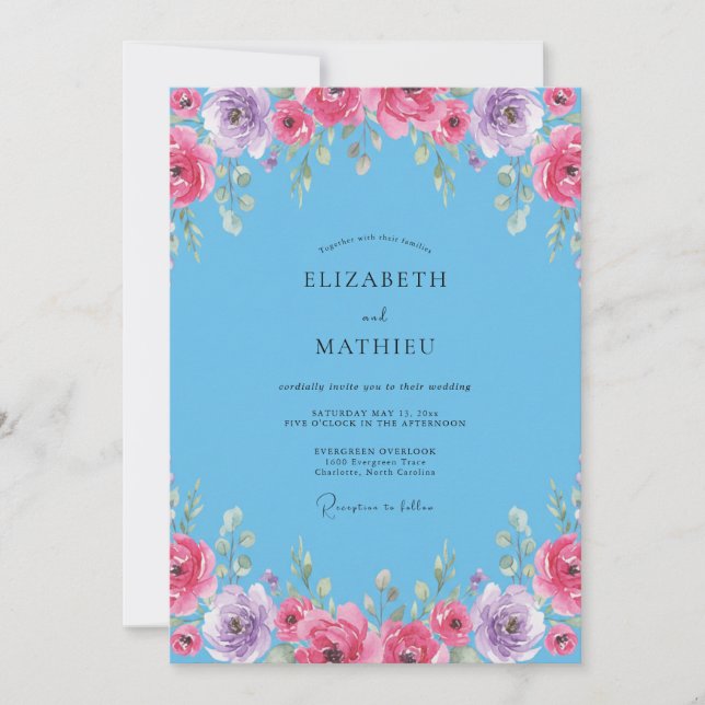 Invitación Boda de flores silvestres magenta azulada (Anverso)