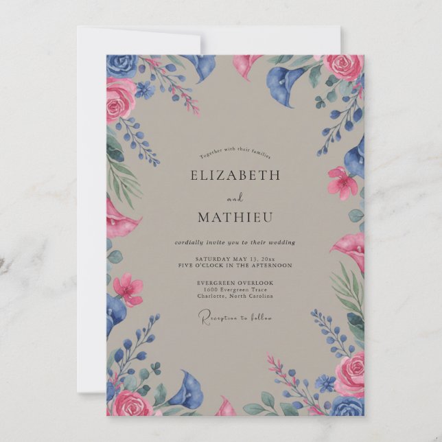 Invitación Boda de flores silvestres magenta taupe (Anverso)