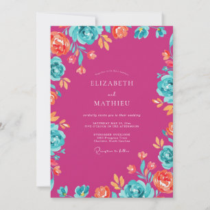 Invitación Boda de flores silvestres magenta y turquesa