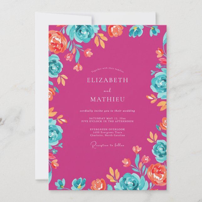 Invitación Boda de flores silvestres magenta y turquesa (Anverso)