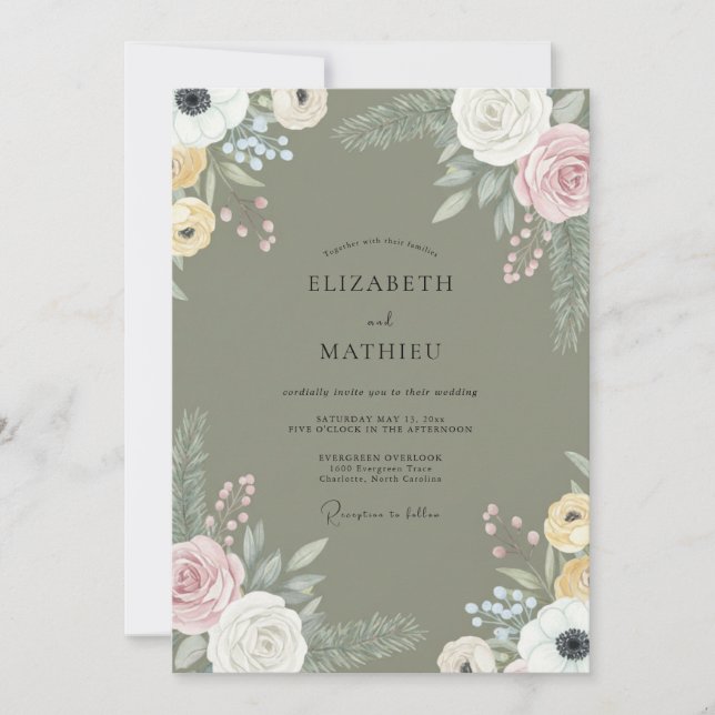 Invitación Boda de flores silvestres malva oliva (Anverso)