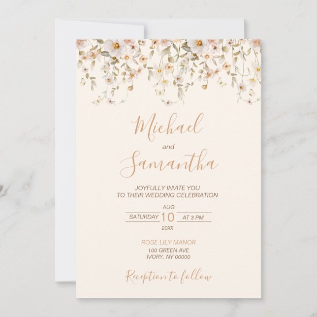 Invitación Boda de flores silvestres marfil y rubor (Anverso)
