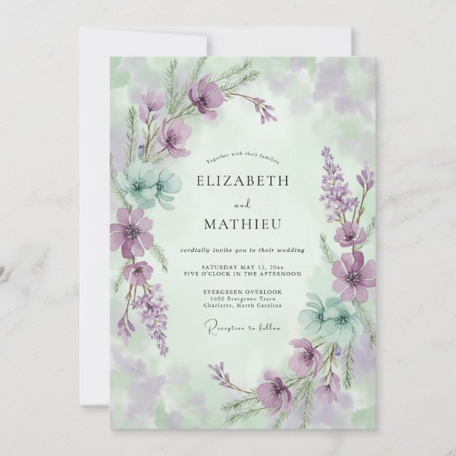 Invitación Boda de flores silvestres Mauve Aqua (Anverso)