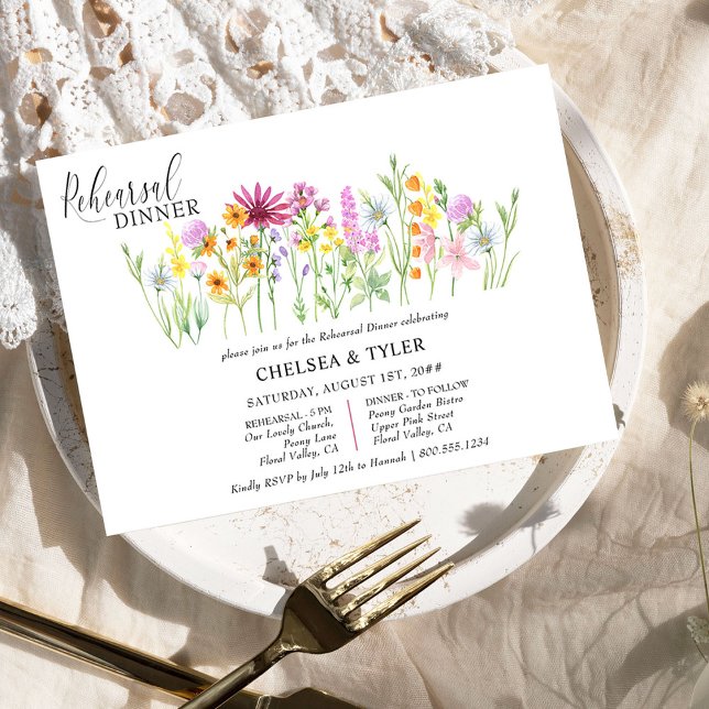 Invitación Boda de flores silvestres Meadow Flores Ensayos Ce (Elegant rehearsal dinner invites for possibly the last get-to-gether before the big day)