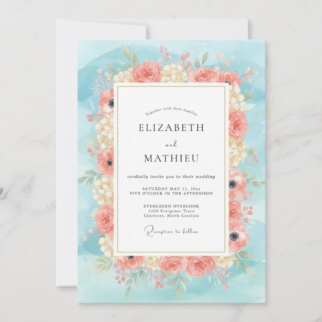 Invitación Boda de flores silvestres melocotón cielo (Anverso)