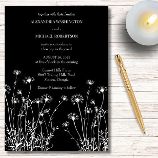 Invitación Boda de flores silvestres modernas en blanco y neg