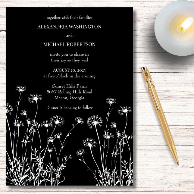 Invitación Boda de flores silvestres modernas en blanco y neg (Subido por el creador)