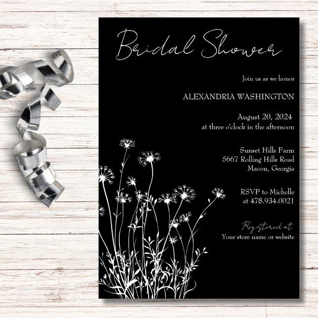 Invitación Boda de flores silvestres modernas en blanco y neg (Subido por el creador)