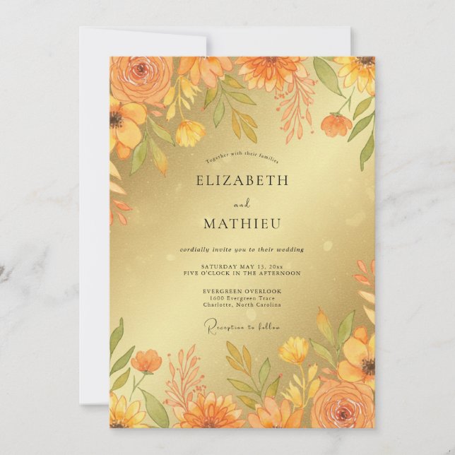 Invitación Boda de flores silvestres mostaza ámbar (Anverso)