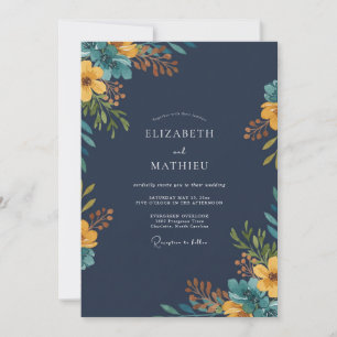 Invitación Boda de flores silvestres mostaza naval