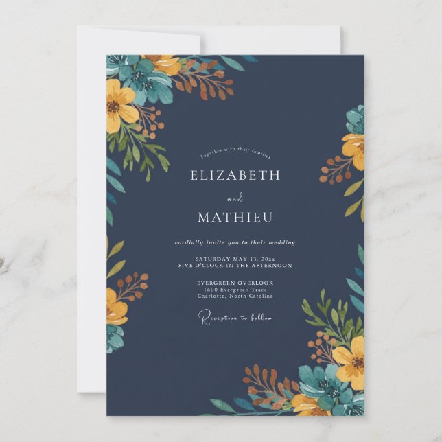 Invitación Boda de flores silvestres mostaza naval (Anverso)