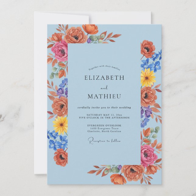 Invitación Boda de flores silvestres naranja cielo (Anverso)