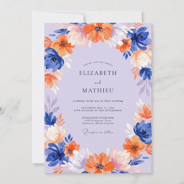 Invitación Boda de flores silvestres naranja cobalto (Anverso)
