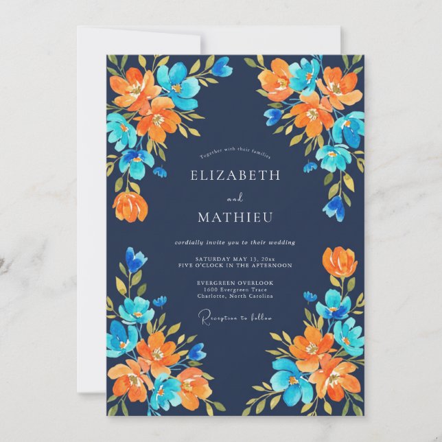 Invitación Boda de flores silvestres naranja marino (Anverso)