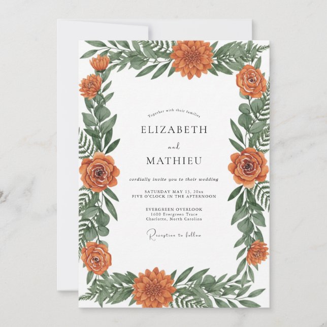 Invitación Boda de flores silvestres naranja quemada pintada  (Anverso)