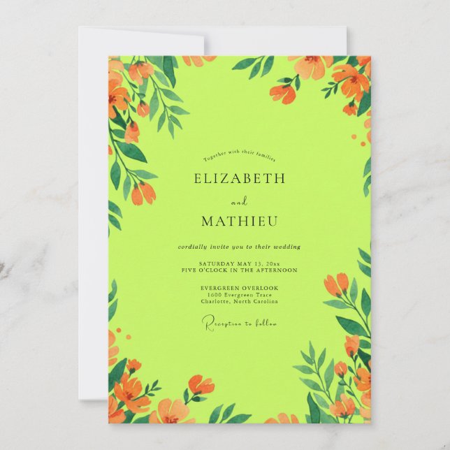 Invitación Boda de flores silvestres naranjas Chartreuse (Anverso)