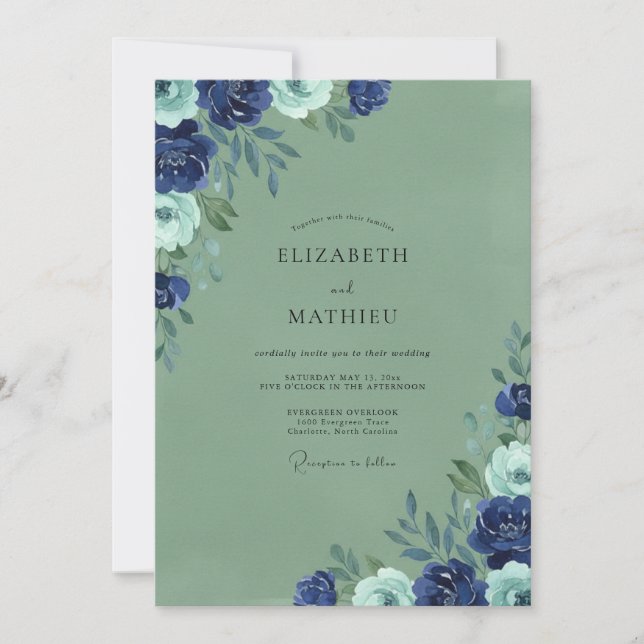 Invitación Boda de flores silvestres Navy Moss (Anverso)