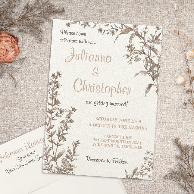 Invitación Boda de flores silvestres neutrales de la tierra d (Subido por el creador)