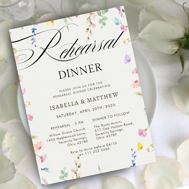Invitación Boda de flores silvestres País Ensayo Floral Cena (Wildflower Wedding Country Floral Rehearsal Dinner Invitation)