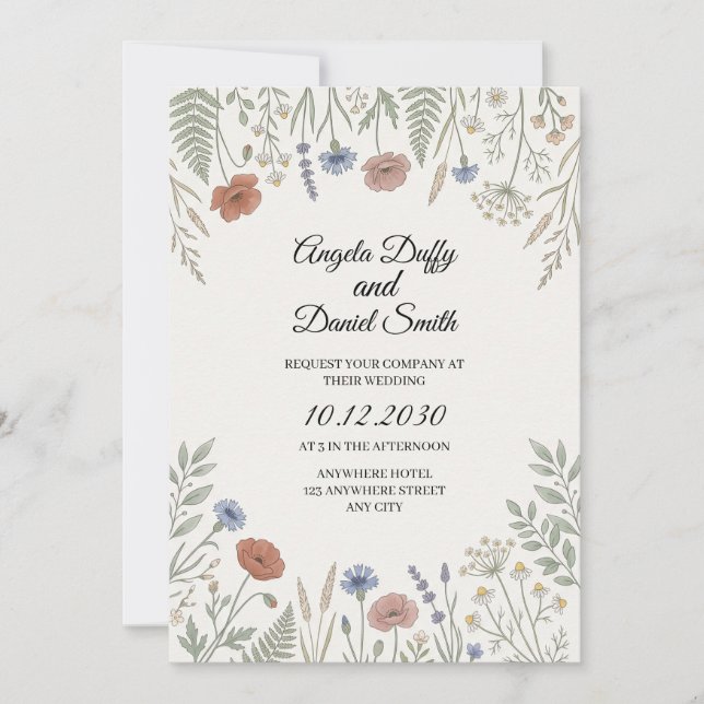 Invitación Boda de flores silvestres pastel (Anverso)