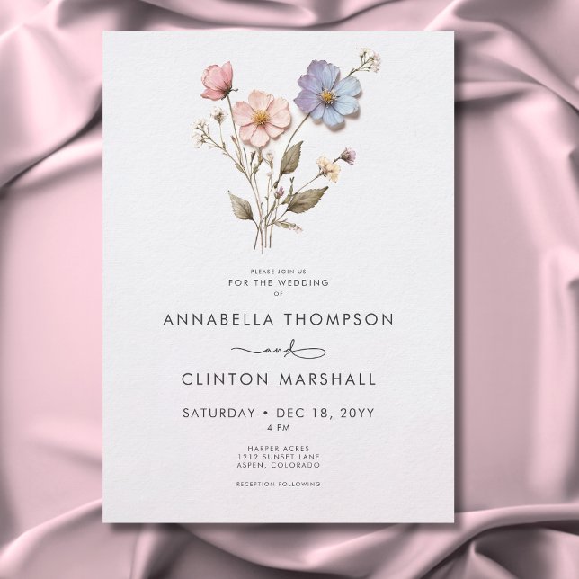 Invitación Boda de flores silvestres pastel a presión moderna (Modern Pressed Pastel Wildflowers Wedding Invitation)