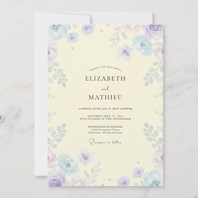 Invitación Boda de flores silvestres Periwinkle con mantequil (Anverso)