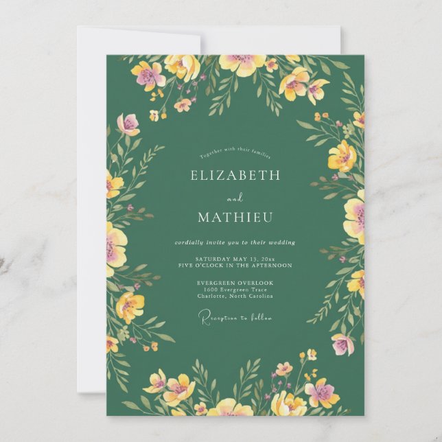 Invitación Boda de flores silvestres pintadas de esmeralda (Anverso)