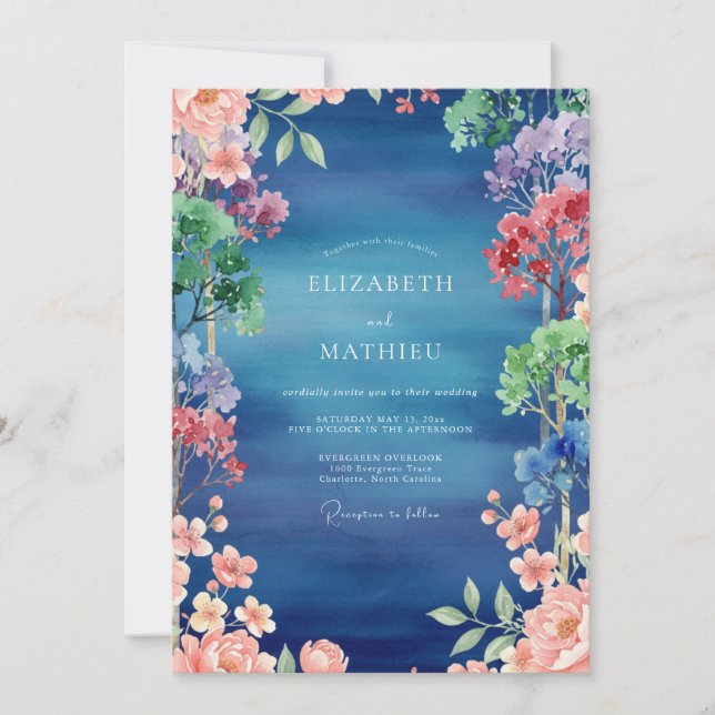 Invitación Boda de flores silvestres pintadas de índigo (Anverso)