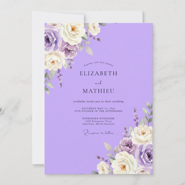 Invitación Boda de flores silvestres pintadas de lila (Anverso)