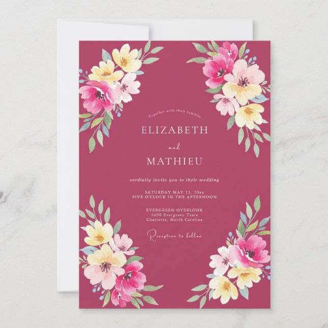 Invitación Boda de flores silvestres pintadas de magenta (Anverso)
