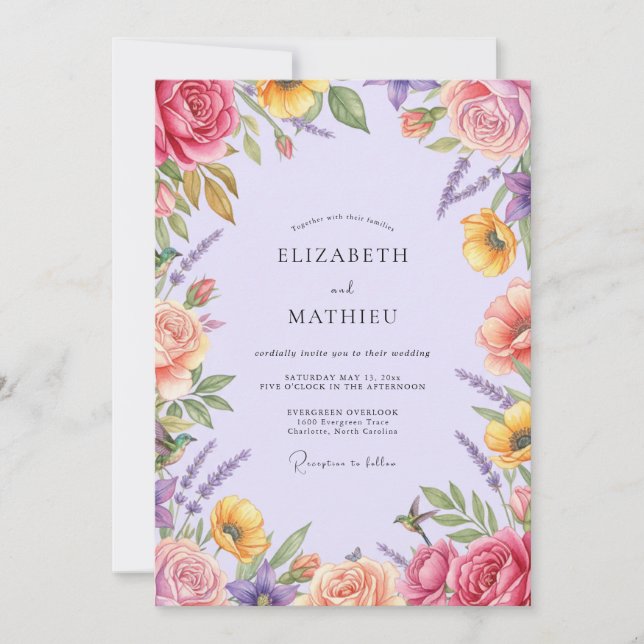 Invitación Boda de flores silvestres pintadas de malva (Anverso)