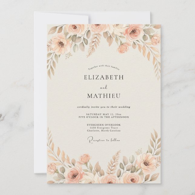Invitación Boda de flores silvestres pintadas de rubor (Anverso)