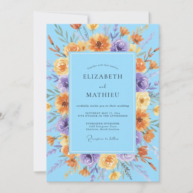 Invitación Boda de flores silvestres radiantes azules (Anverso)