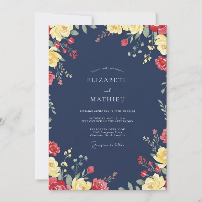 Invitación Boda de flores silvestres rojas de medianoche (Anverso)