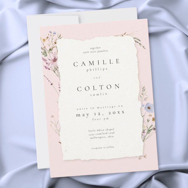 Invitación Boda de flores silvestres románticas rosa rubor rú (Rustic Blush Pink Romantic Wildflower Wedding Invitation)