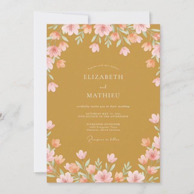 Invitación Boda de flores silvestres rosa ocra (Anverso)