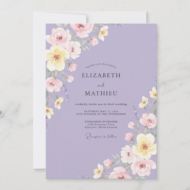 Invitación Boda de flores silvestres rosadas de lavanda (Anverso)