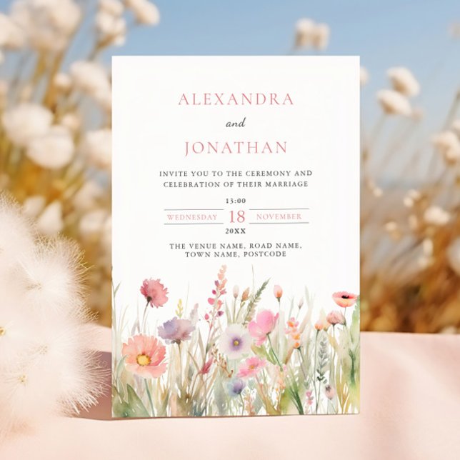 Invitación Boda de flores silvestres rosadas de lujo (Subido por el creador)