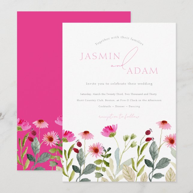 Invitación Boda de flores silvestres rosadas modernas (Anverso / Reverso)