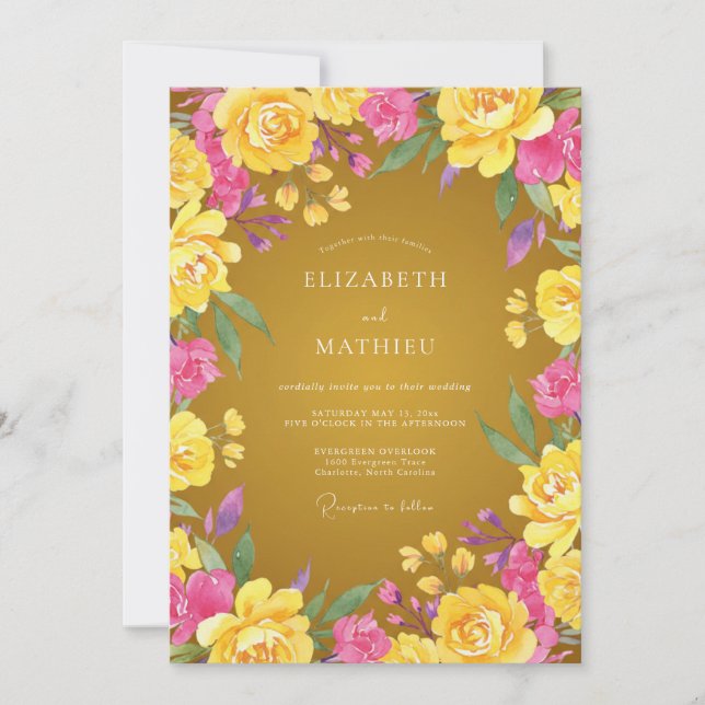 Invitación Boda de flores silvestres rosadas mostaza (Anverso)