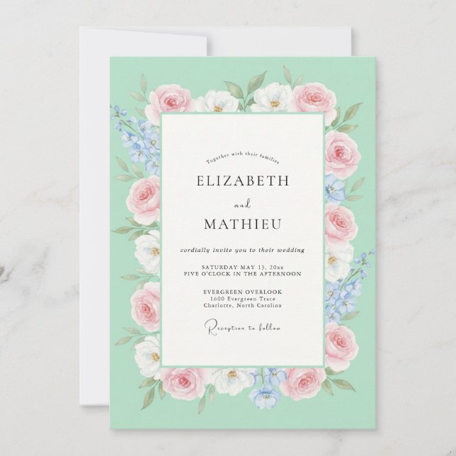 Invitación Boda de flores silvestres rosadas y menta (Anverso)