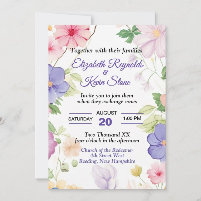 Invitación Boda de flores silvestres rosadas y púrpura pastel (Anverso)