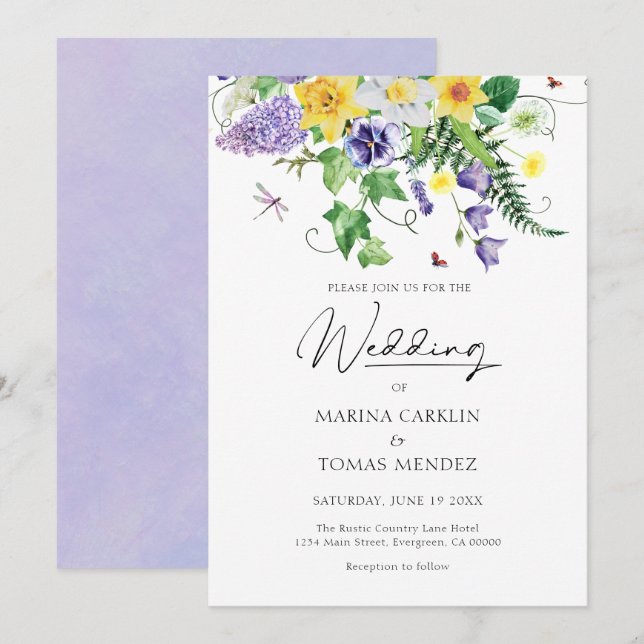 Invitación Boda de flores silvestres rusas de acuarela (Anverso / Reverso)