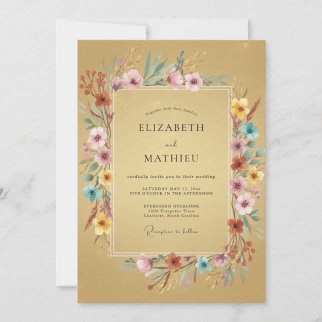 Invitación Boda de flores silvestres rústicas doradas (Anverso)