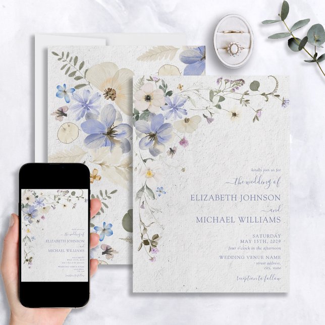 Invitación Boda de Flores Silvestres Secas Presionadas Azul M (Subido por el creador)