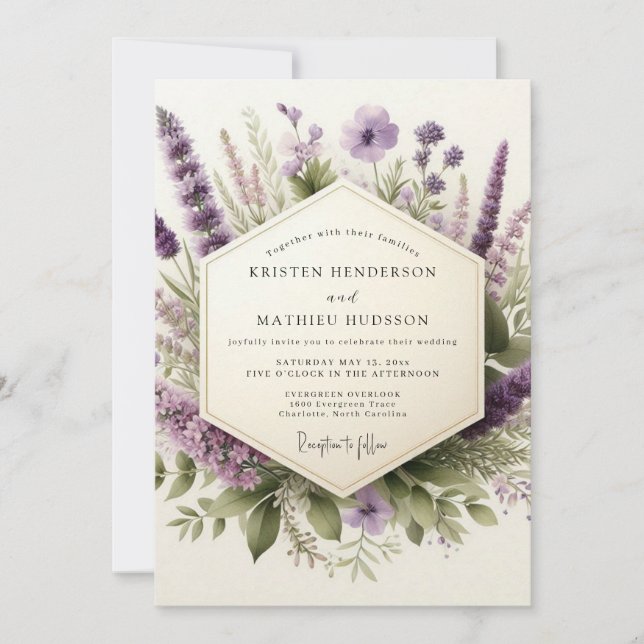 Invitación Boda de flores silvestres suaves de lila (Anverso)