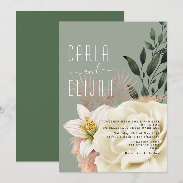 Invitación Boda de flores silvestres verdes boho sage (Anverso / Reverso)