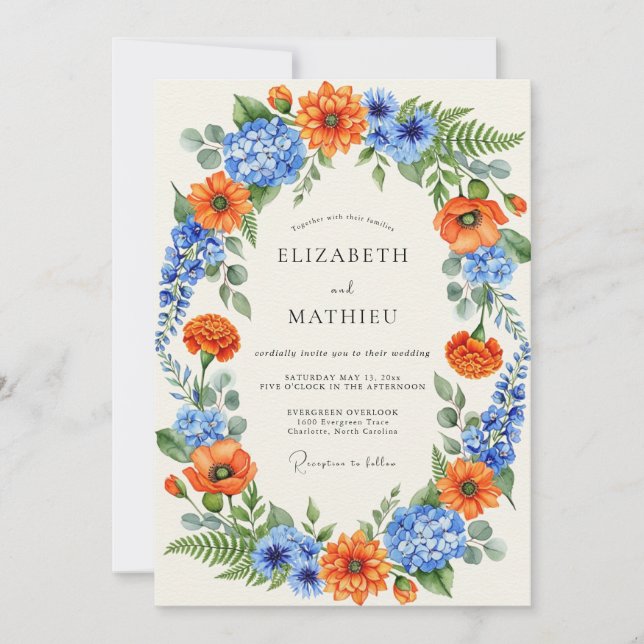 Invitación Boda de flores silvestres vibrantes de azul naranj (Anverso)