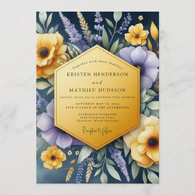 Invitación Boda de flores silvestres vibrantes de la Marina (Anverso)